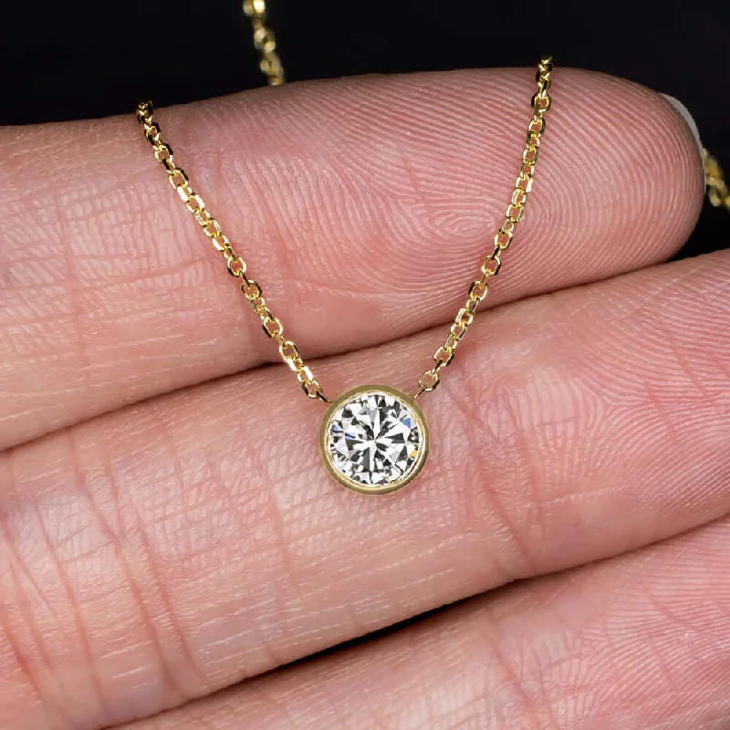 Unique Gemstone Necklaces-DIAMOND SOLITAIRE NECKLACE 1/2 CARAT BEZEL SET ROUND BRILLIANT CUT YELLOW GOLD