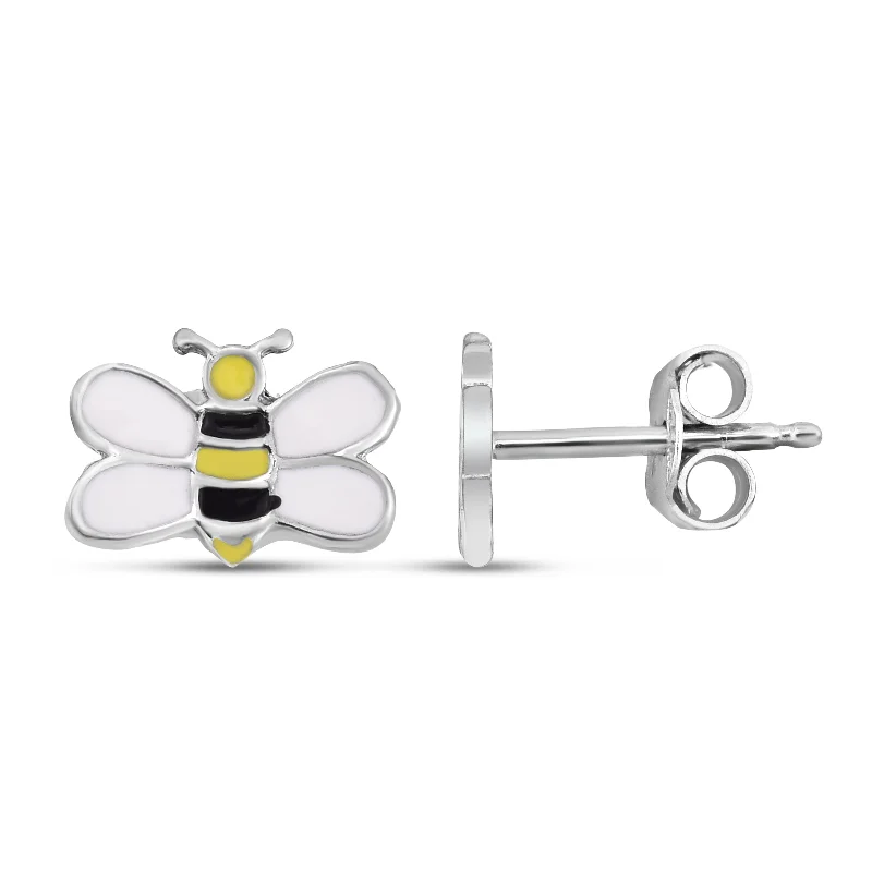 Funky Earrings-Silver Enamel Bumble Bee Studs