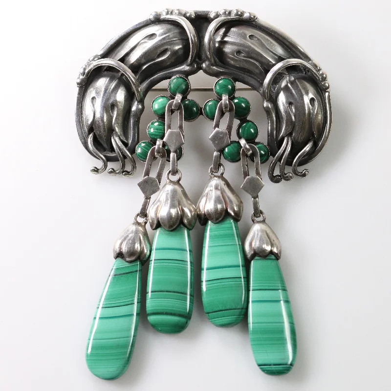 Brooch For Elegant Dresses-Georg Jensen Jewelry | Malachite Art Nouveau Master Silver Vintage Brooch 22