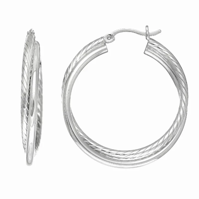 Heart Diamond Earrings-Silver Round Double Twist Hoop Earring