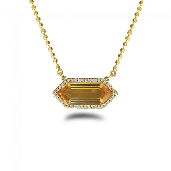 Custom Gemstone Necklaces-14K Yellow Gold Hexagon Citrine and Diamond Semi Precious 18 inch Bead Chain Necklace P4204-18