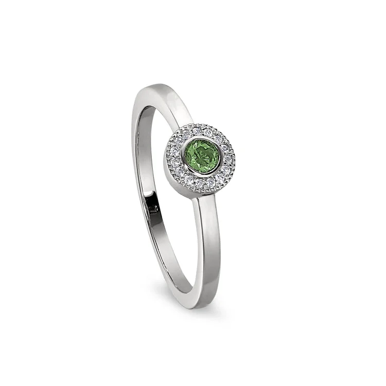 Luxury Wedding Rings-Platinum Finish Sterling Silver Micropave Round Simulated Peridot Ring with Simulated Diamonds Size 7