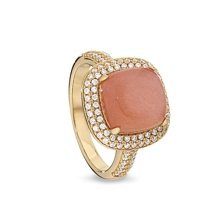 Affordable Engagement Rings-Gold Finish Sterling Silver Micropave Peach Quartz Ring with Simulated Diamonds