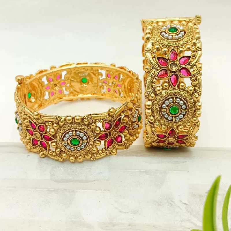 Bangles For Bengali Weddings-FS Collection Gold Plated Pota Stone And Pearls Openable Bangle Set