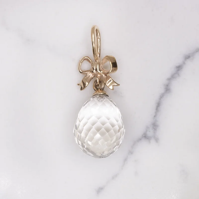 Adjustable Gold Necklaces-QUARTZ BRIOLETTE PENDANT 14k ROSE GOLD BOW TEARDROP WHITE CLEAR DROP NECKLACE