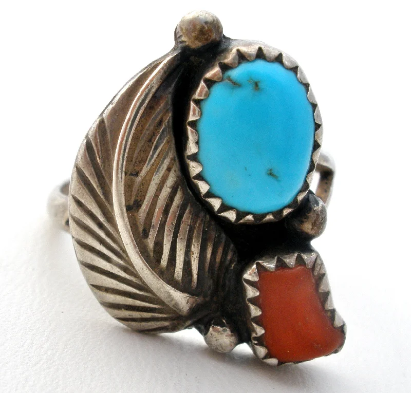 Vintage Rings-Navajo Turquoise &  Coral Ring Sterling Silver