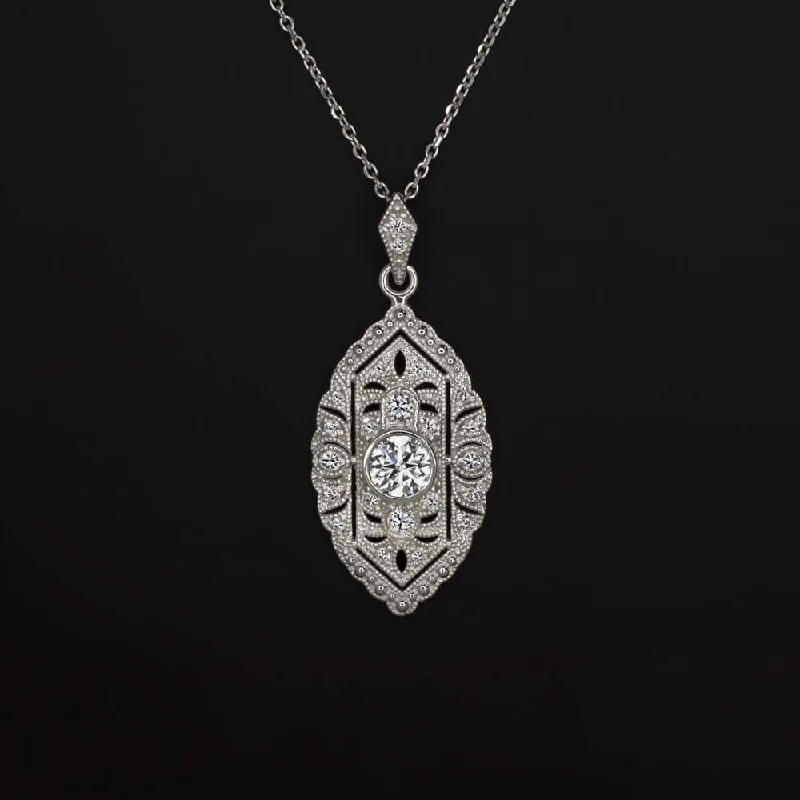 Angel Wing Necklaces-0.47ct NATURAL DIAMOND VINTAGE STYLE PENDANT ART DECO NECKLACE DROP WHITE GOLD