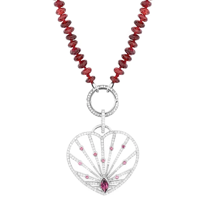 Vintage Necklaces-Garnet Pink Tourmaline Diamond Heart Ray Pendant on Garnet Necklace - 36"  N0003394