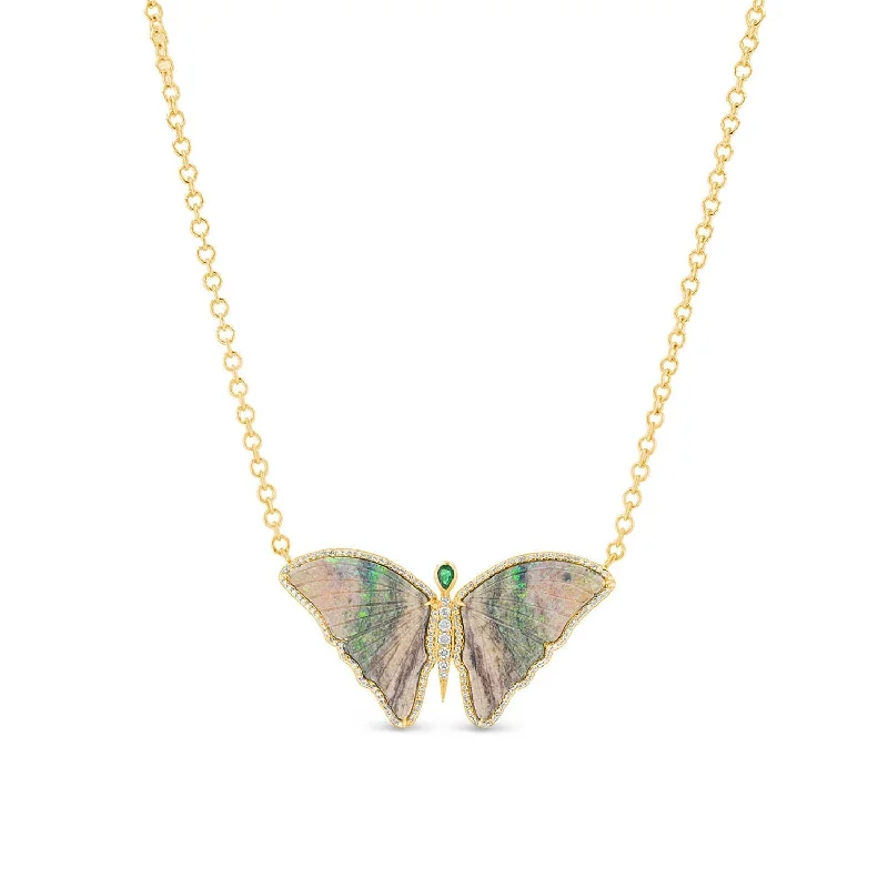 Black Diamond Necklaces-One of a Kind Australian Opal and Emerald Butterfly Necklace SNG00171