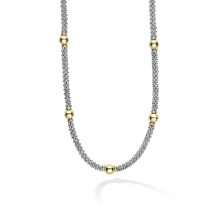 Minimalist Necklaces-Caviar 3mm 9 Circle Station 16" Rope Necklace in Sterling Silver and 18K Yellow Gold