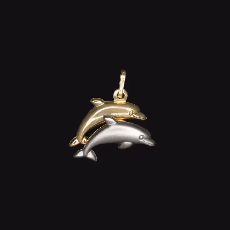 Colored Chain Necklaces-14k DOLPHIN CHARM PENDANT SOLID TWO TONE GOLD YELLOW WHITE CUTE NECKLACE GIFT