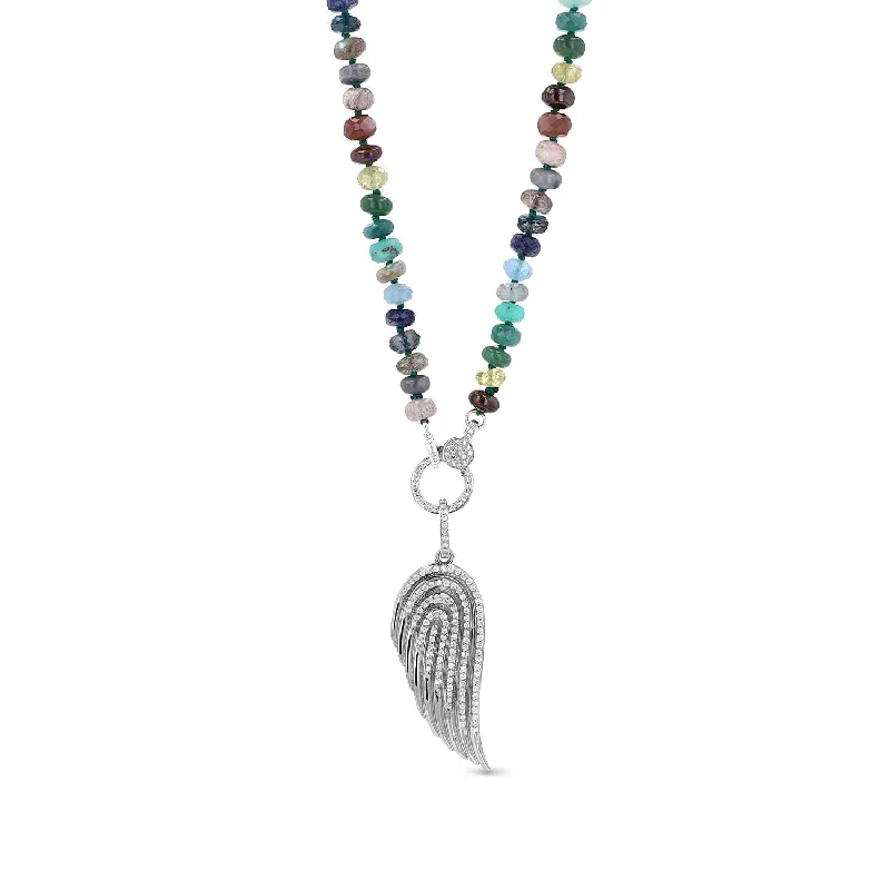 Clear Crystal Necklaces-Diamond Angel Wing Pendant on Montecito Nights Bead Necklace - 34"  N0003356