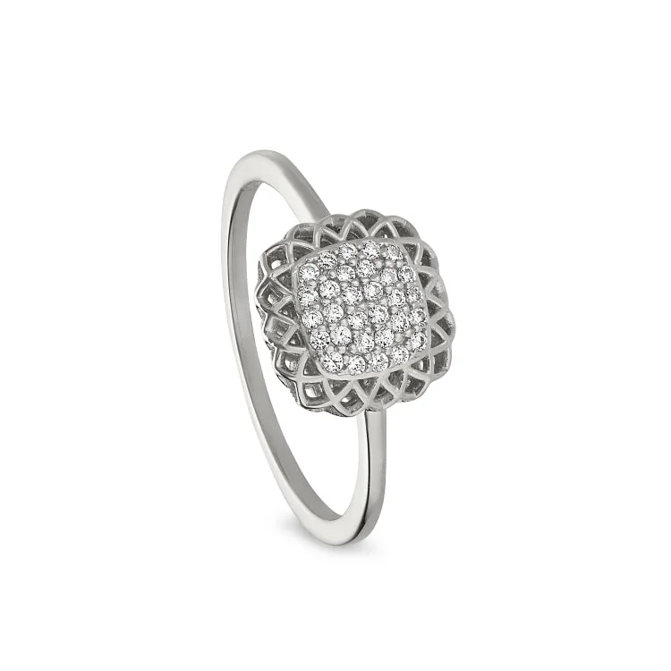 Couples Rings-Platinum Finish Sterling Silver Micropave Pillow with Filigree Edge Ring with Simulated Diamonds