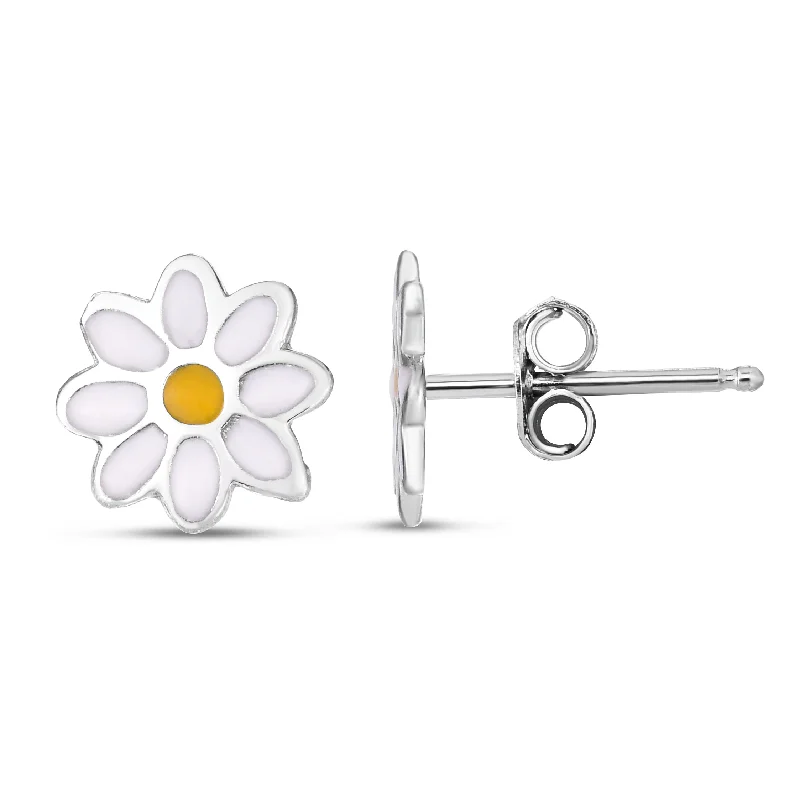 Big Gold Earrings-Silver Enamel Daisy Studs