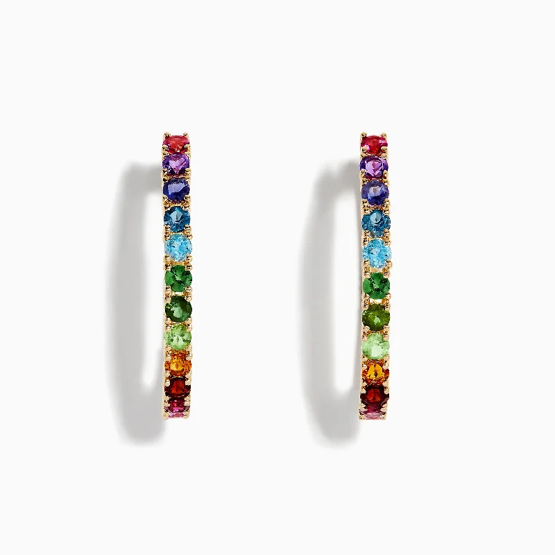 Custom Crystal Earrings-Mosaic 14K Yellow Gold Multi Stone Hoop Earrings