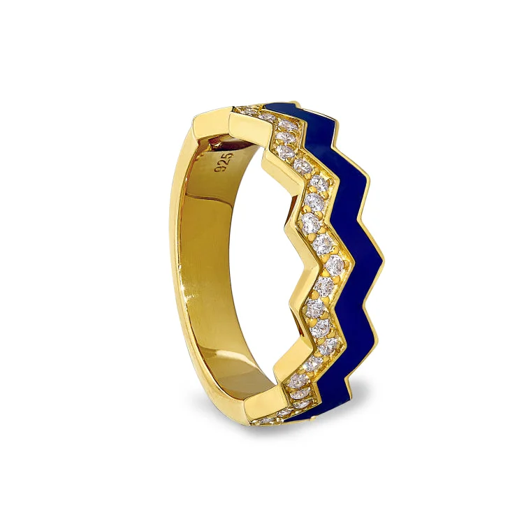 Men’s Wedding Bands-Gold Vermeil Sterling Silver Micropave Ring with with Navy Enamel and Simulated Diamondss