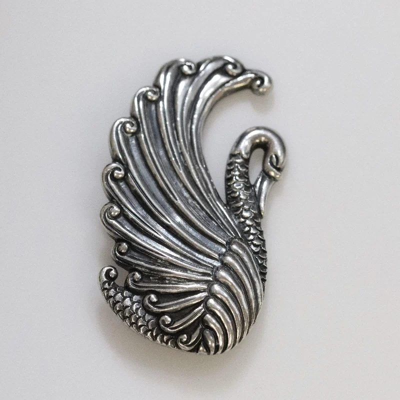 Brooch With Floral Design-Vintage Margot de Taxco Mexican Jewelry | Large Sterling Silver Swan Brooch