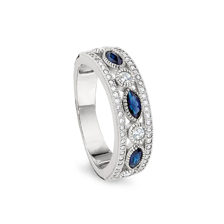 Couples Matching Wedding Bands-Platinum Finish Sterling Silver Micropave Vintage Ring with Synthetic Blue Sapphire & 58 Simulated Diamonds