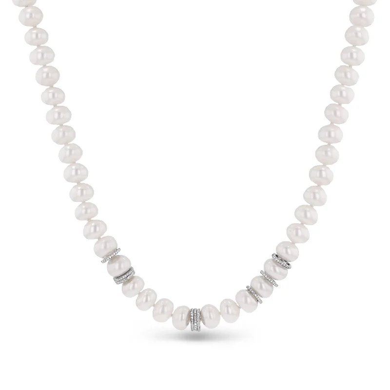 Casual Necklaces-Hand Knotted White Pearl and Diamond Necklace  N0002970