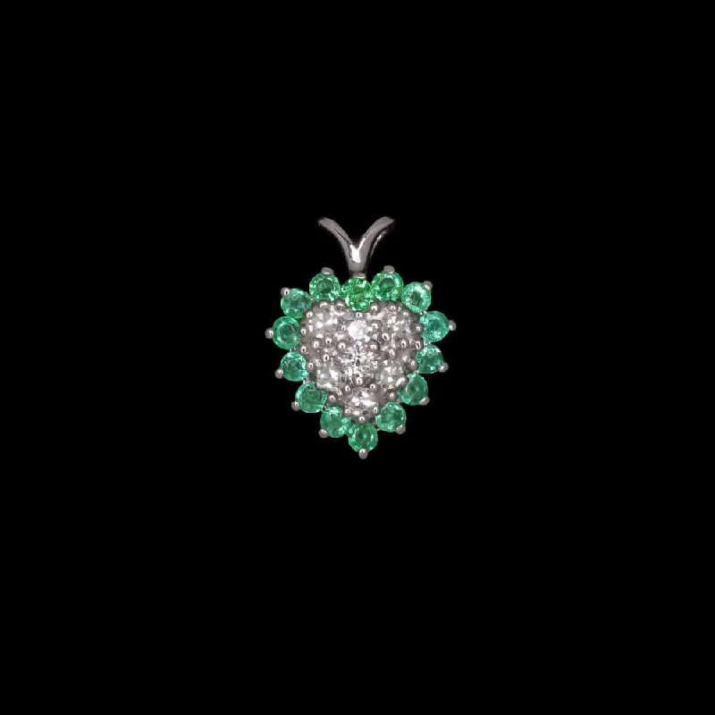 Birthstone Necklaces-DIAMOND EMERALD HEART PENDANT 14k WHITE GOLD NECKLACE CLASSIC SIMPLE NATURAL