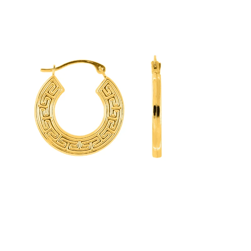 Simple Drop Hoop Earrings-10K Gold Greek Key Hoop Earring