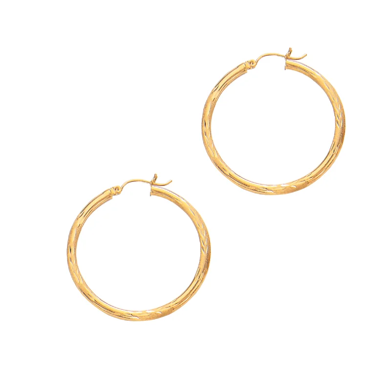 Sparkling Gold Earrings-14K Yellow Gold 2x25mm Diamond Cut & Polished Design Hoop Earring