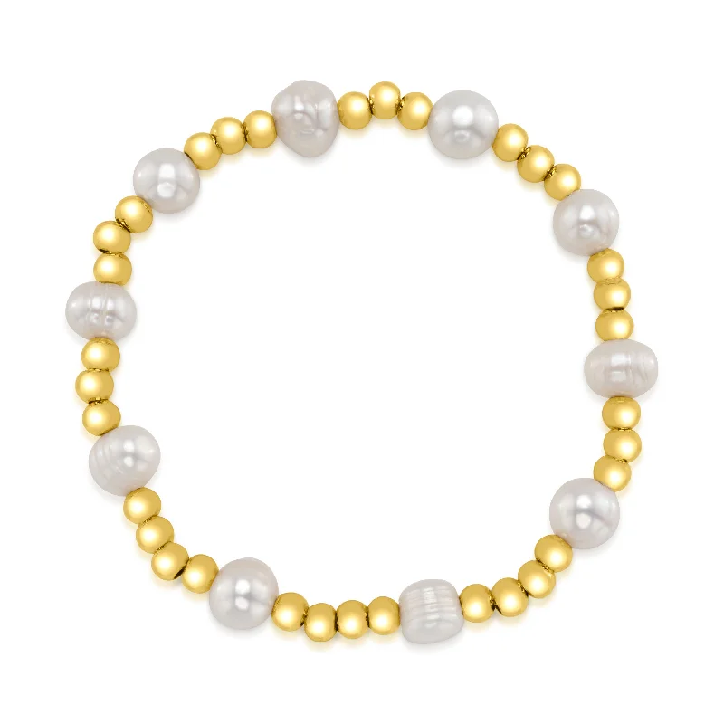 Vintage Inspired Bracelets-PEARL STATION BEADED BRACELET, GOLD