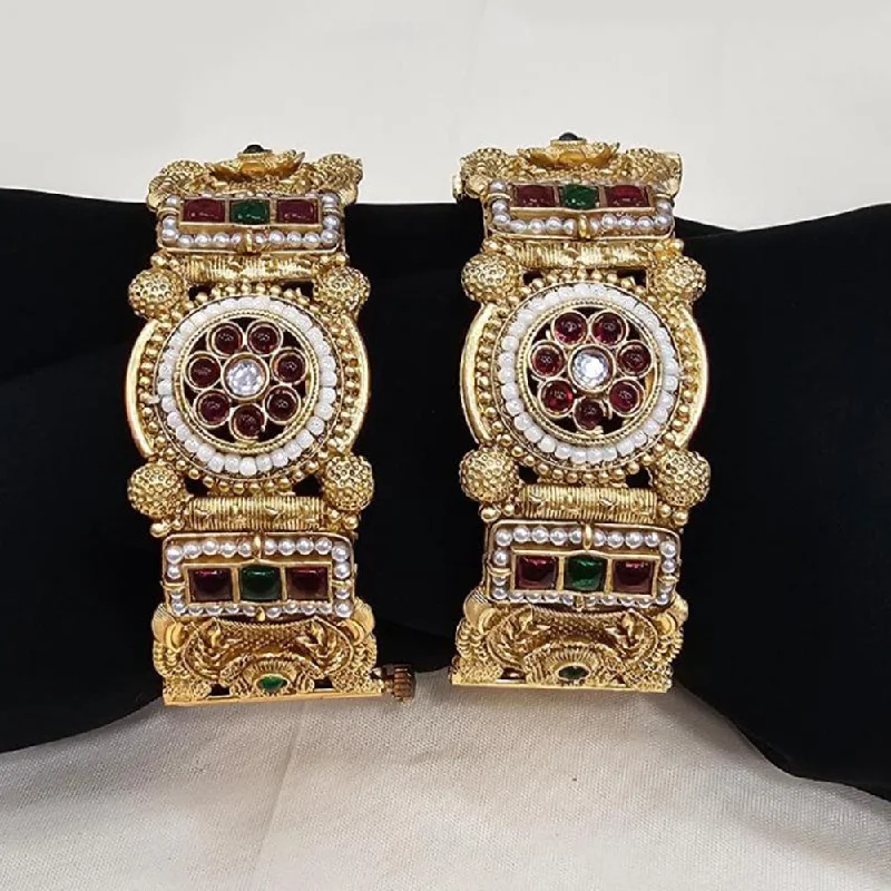 Bangles With Vintage Appeal-FS Collection Gold Plated Pota Stone Openable Bangle Set