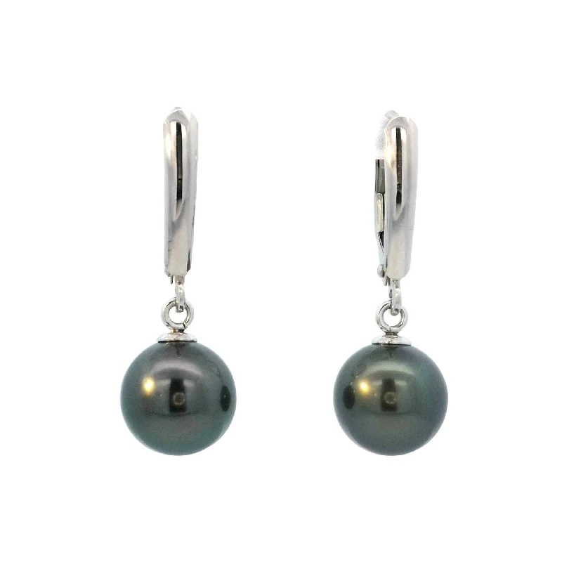 Custom Gold Earrings-Tahitian Pearl Leverback Dangle Earrings in White Gold