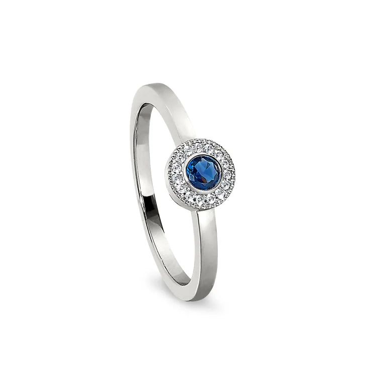 Unique Rings-Platinum Finish Sterling Silver Micropave Round Simulated Sapphire Ring with Simulated Diamonds Size 5