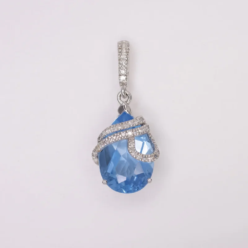 Unique Pendant Necklaces-BLUE TOPAZ DIAMOND PENDANT WHITE GOLD NATURAL PEAR SHAPE TEARDROP NECKLACE