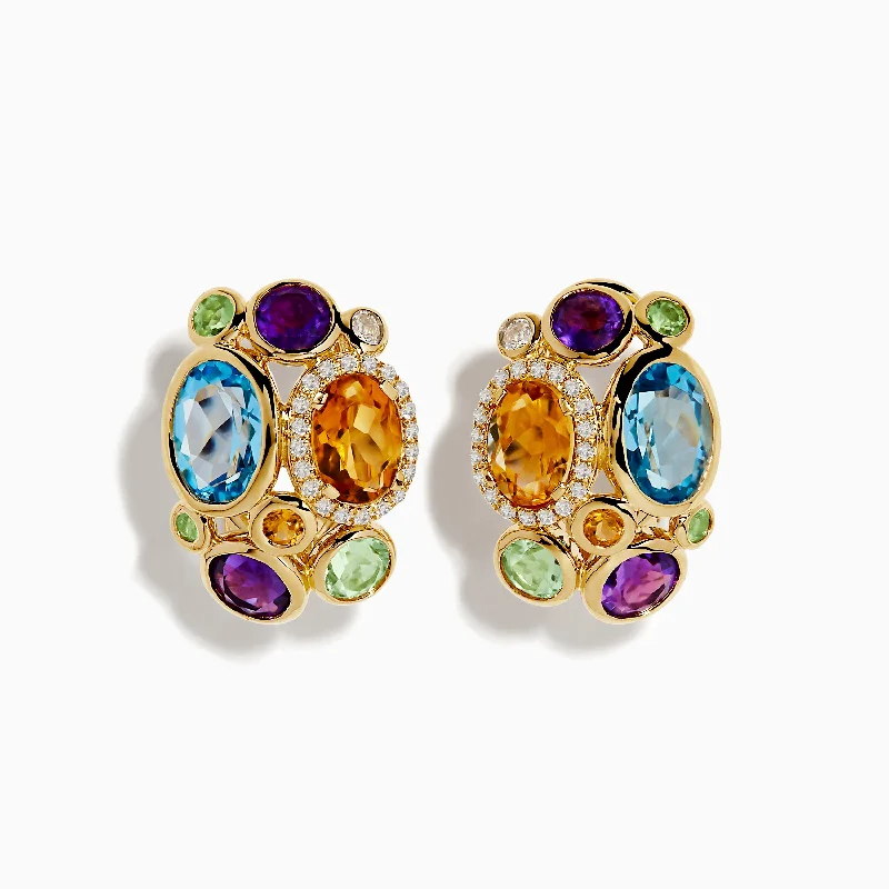 Boho Silver Earrings-Mosaic 14K Yellow Gold Multi Gemstone Earrings