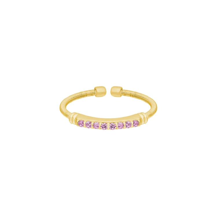 Aquamarine Rings-Gold Finish Sterling Silver Cable Cuff Ring with Simulated Pink Sapphire Birth Gems - October