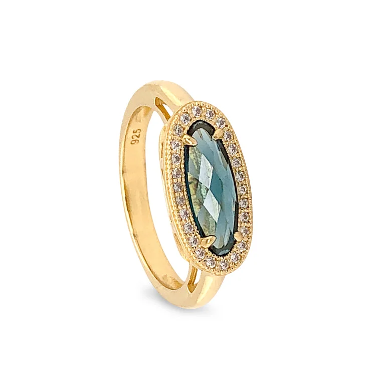 Large Rings-Gold Finish Sterling Silver Micropave Oblong Ring with Simulated London Blue Topaz and Simulated Diamonds