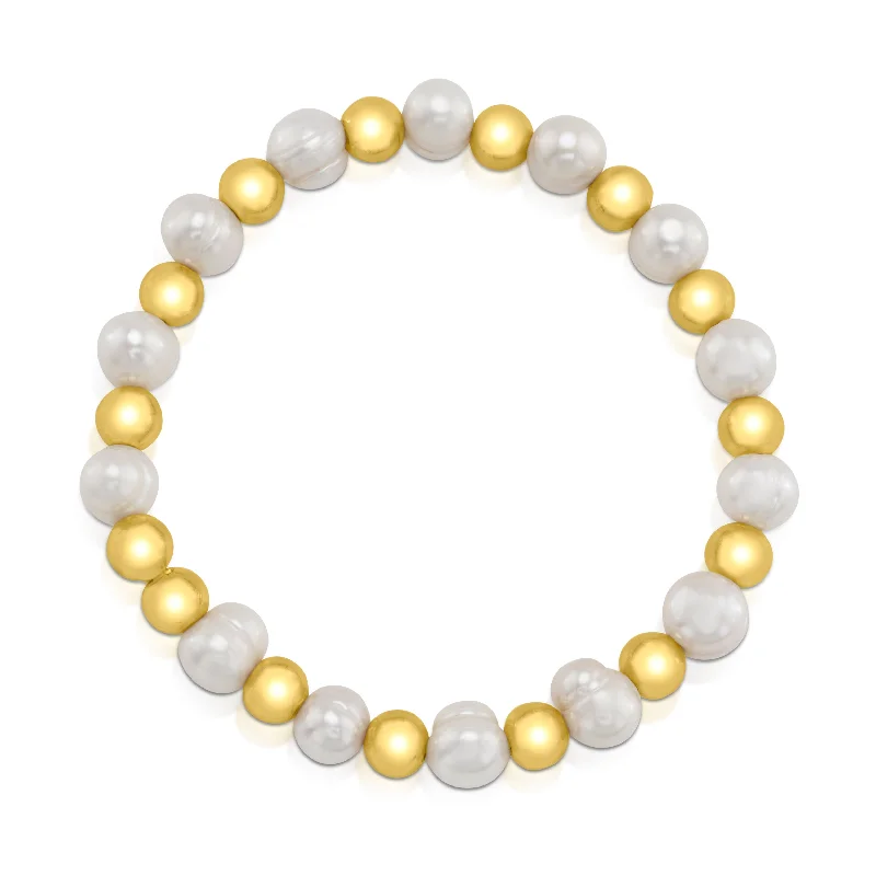 Bracelets With Sparkling Crystals-PEARL AND GOLD BEADED BRACELET, GOLD