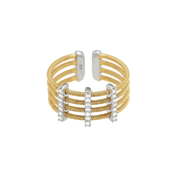 Fashionable Engagement Rings-Gold Finish Sterling Silver Multi Cable Cuff Ring with Rhodium Finish Simulated Diamond Vertical Bars