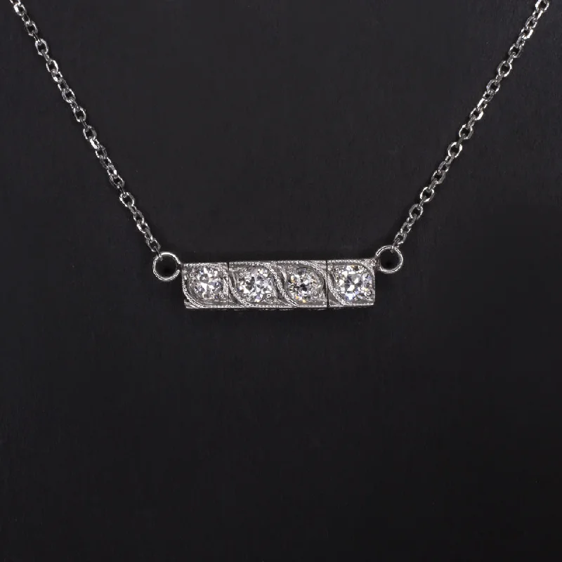 Simple Silver Necklaces-VINTAGE DIAMOND BAR PENDANT NECKLACE OLD EUROPEAN CUT NATURAL 14k WHITE GOLD