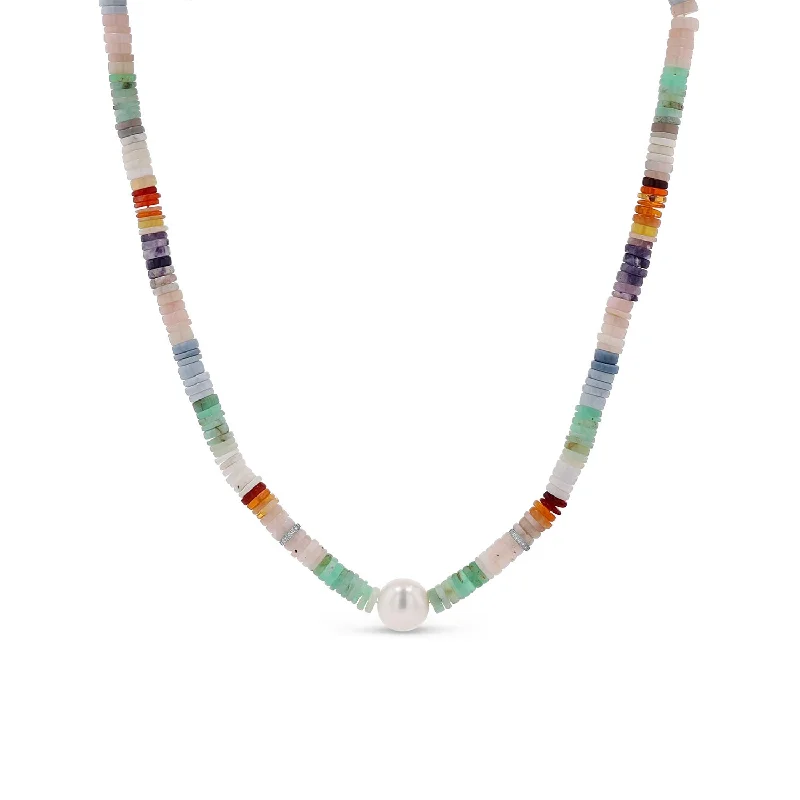 Heart Necklaces-Multi-color Opal Heishi Necklace with Pearl & 2 Pave Diamond Rondelles - 16"  N0002996