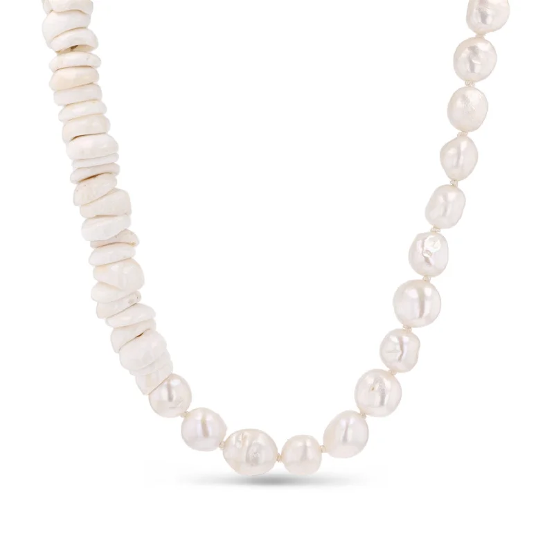 Colorful Gemstone Necklaces-14K White Pearl and Puka Shell Knotted Necklace  NG002829