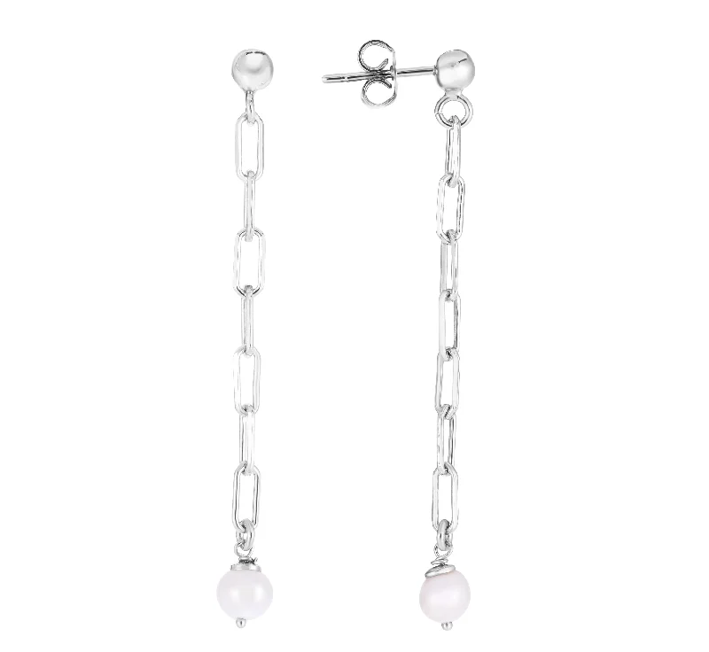 Fashion Hoop Earrings-Silver Pearl Chain Straight Drop Earrings