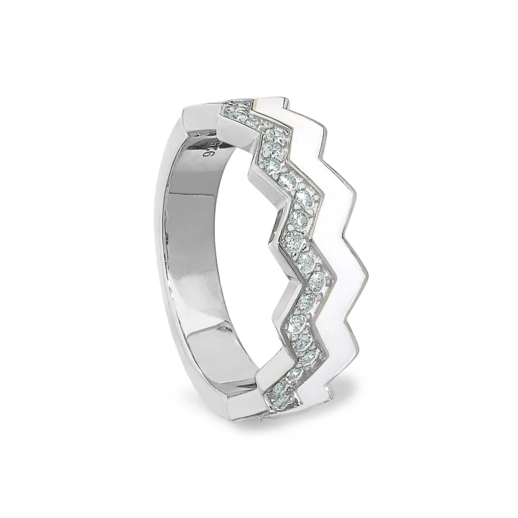 Men’s Wedding Bands-Platinum Finish Sterling Silver Micropave Ring with with White Enamel and Simulated Diamondss