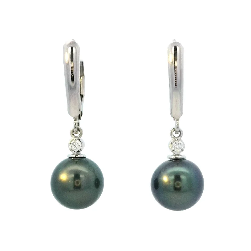 Fancy Drop Stud Earrings-Tahitian Pearl Leverback Dangle Earrings with Diamonds in White Gold