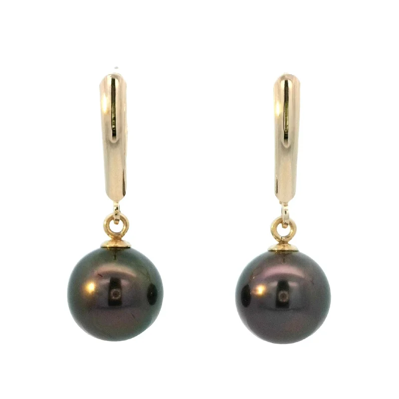 Large Crystal Hoop Earrings-Tahitian Pearl Leverback Dangle Earrings in Yellow Gold