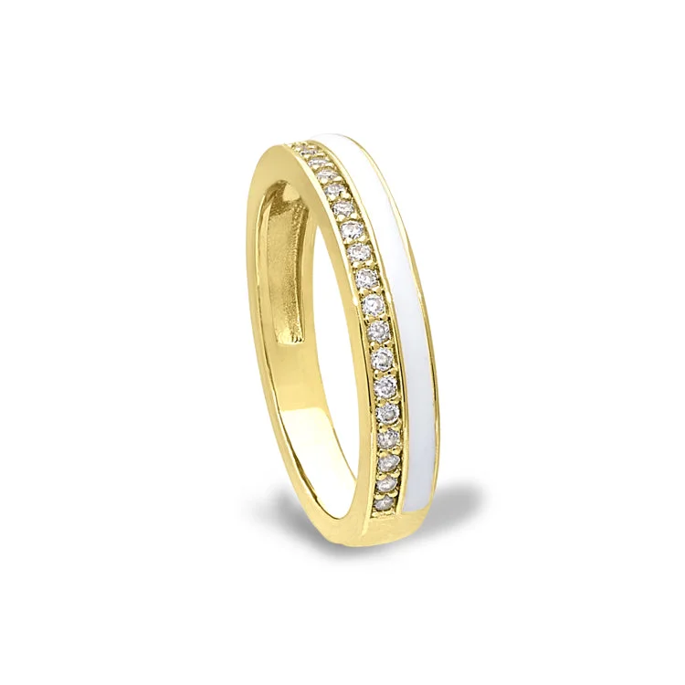 Vintage Silver Rings-Gold Vermeil Sterling Silver Micropave Ring with with White Enamel and Simulated Diamondss