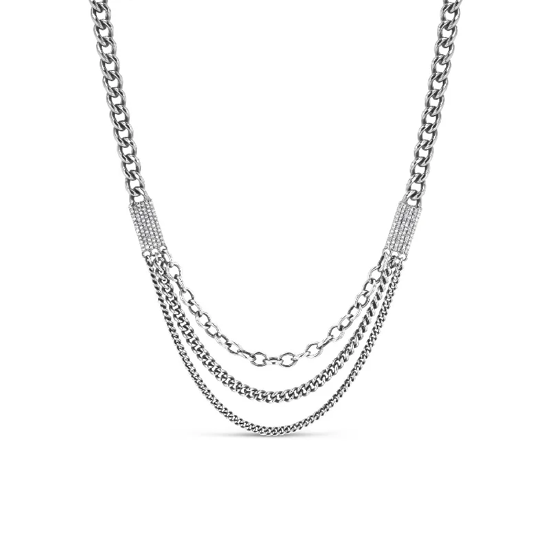 Customizable Necklaces-Multi Chain Sterling Silver Necklace with Diamond Stations-18"  N0003003