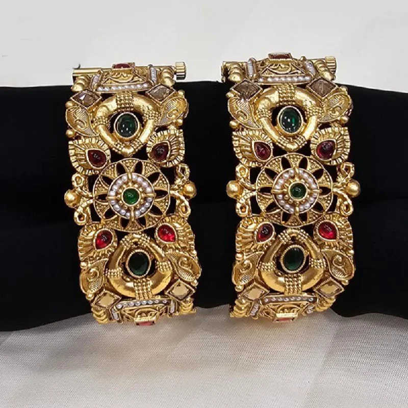 Bangles For Earthy Vibes-FS Collection Gold Plated Pota Stone Openable Bangle Set