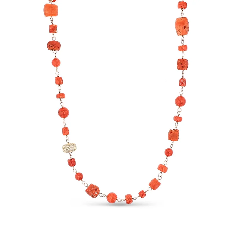 Moonstone Necklaces-14k Red Coral Gemstone Rope Necklace  NG000652