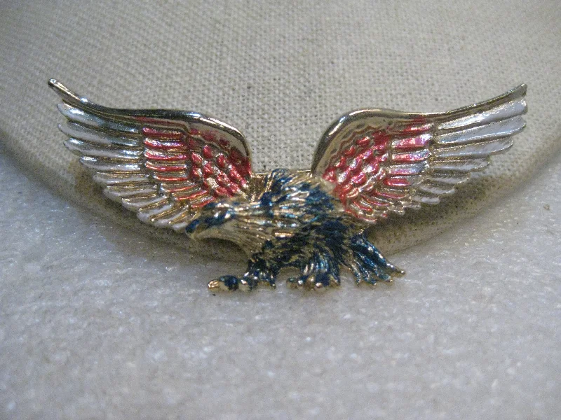 Silver Brooch-Vintage American Eagle Brooch, Red/White/Blue Enameled Accents, 3", 1970's