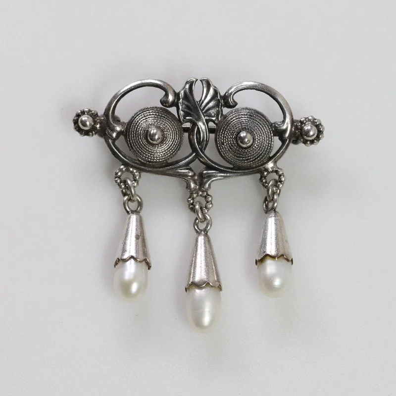 Brooch For Bridesmaids-Vintage Silver Jewelry | Art Nouveau Seed Pearl Brooch