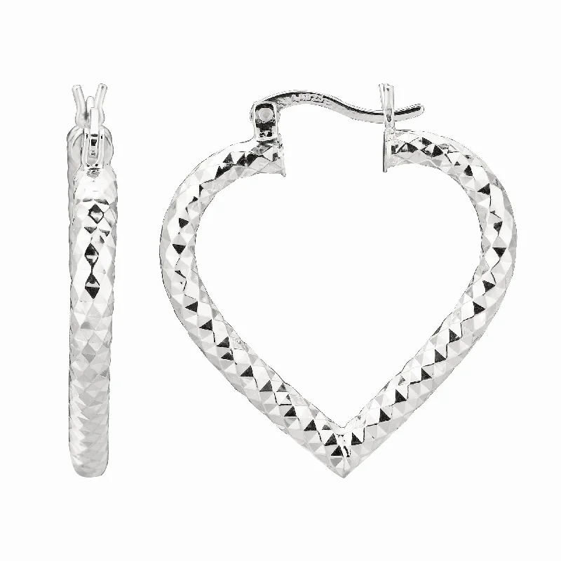 Elegant Statement Earrings-Silver Diamond Cut Heart Hoop Earring